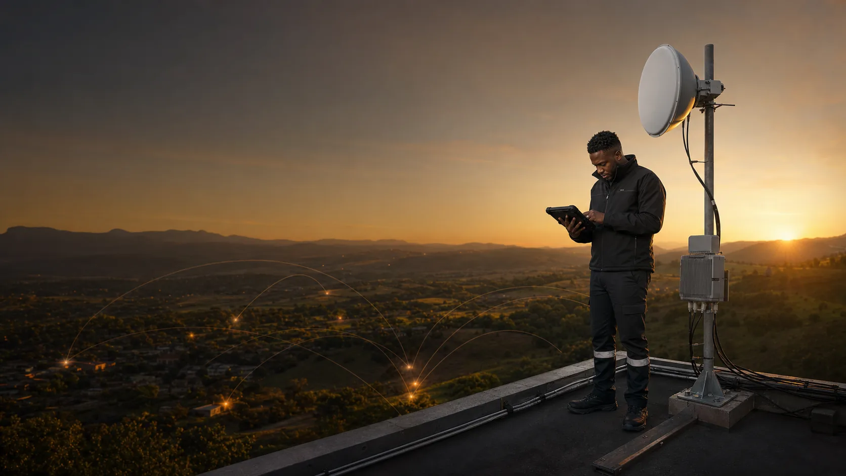 Illustrative MME Networks field technician beside regional wireless infrastructure at sunrise